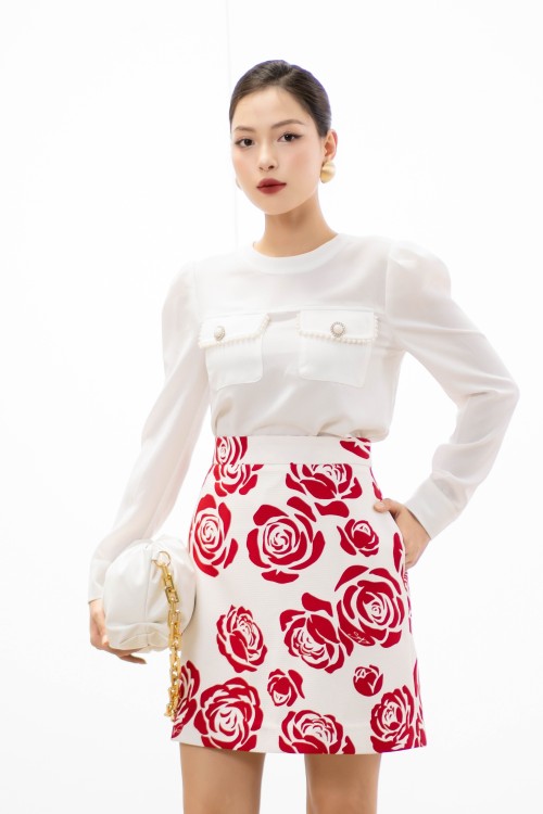 Sixdo White With Red Rose Mini Raw Skirt